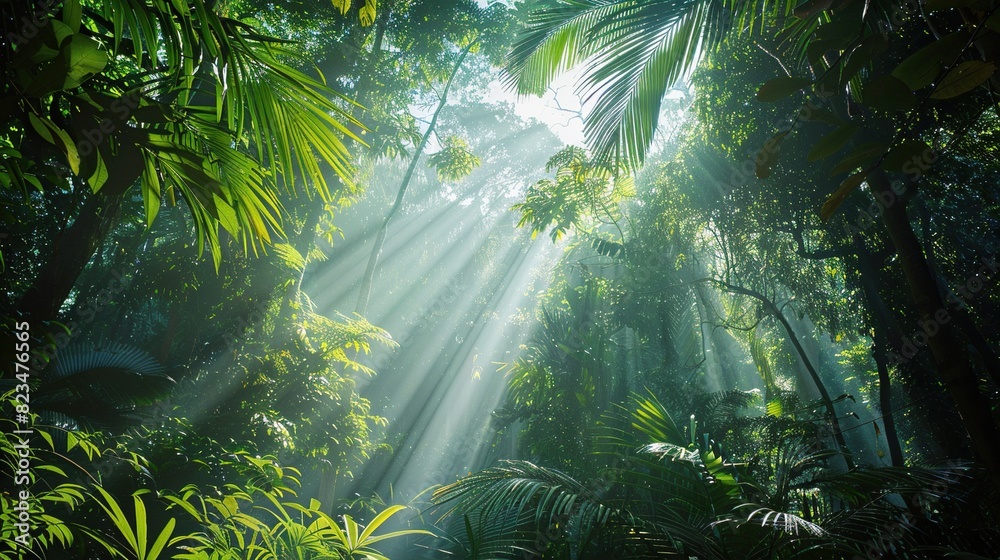 Dense canopy of a tropical rainforest, with sunlight filtering through the leaves and creating a magical atmosphere. This high-resolution image is ideal for eco-tourism websites, nature documentaries,