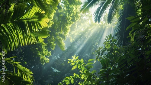 Dense canopy of a tropical rainforest, with sunlight filtering through the leaves and creating a magical atmosphere. This high-resolution image is ideal for eco-tourism websites, nature documentaries,