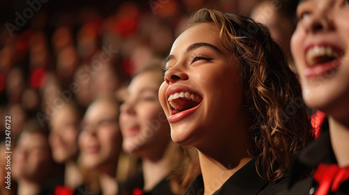 A child with down syndrome sings in a choir, children on stage at school play musical instruments at a concert. generative ai photo