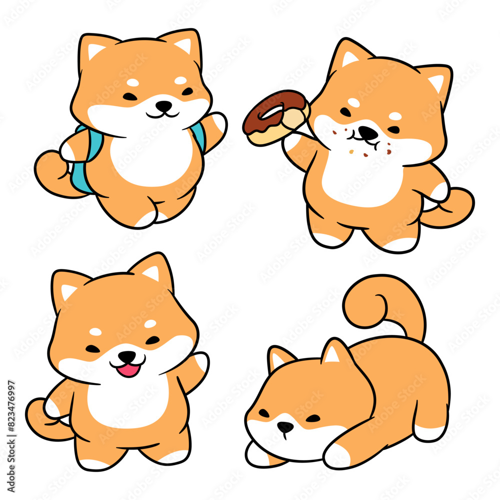 Fototapeta premium Cute character of happy and attractive shiba inu dog in vector illustration style. perfect for Stickers, Prints for Clothing, Coloring Pages.rint