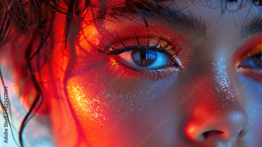 Neon portrait of eyes and makeup with sparkles on a blue eye. Glitter texture closeup. generative ai Neon portrait of eyes and makeup with sparkles on a blue eye. Glitter texture closeup. generative ai