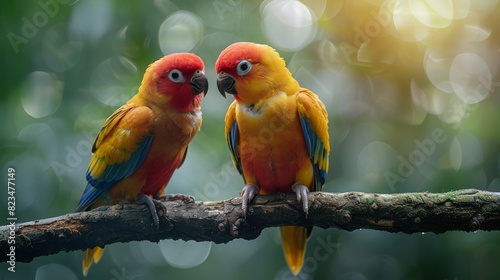 Heartwarming scene of two lovebirds on a branch bathed in soft light, emphasizing their connection and bright plumage