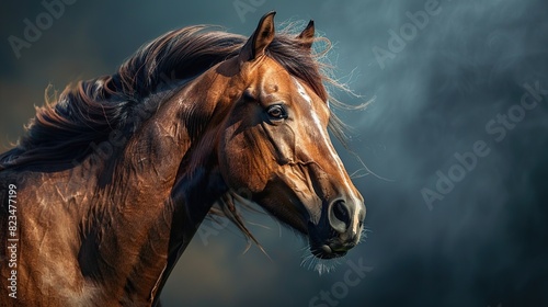 Grace and beauty of a horse in a captivating portrait, highlighting its flowing mane, expressive eyes, and strong physique. This high-resolution image is ideal for equestrian enthusiasts, equine-theme © Awais