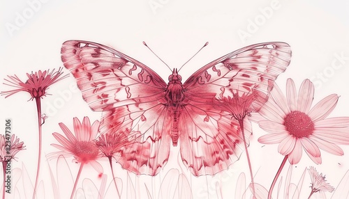 Minimalist line art pink butterfly with daisies, bold lines, clean white canvas, simplistic look © Thanaseth