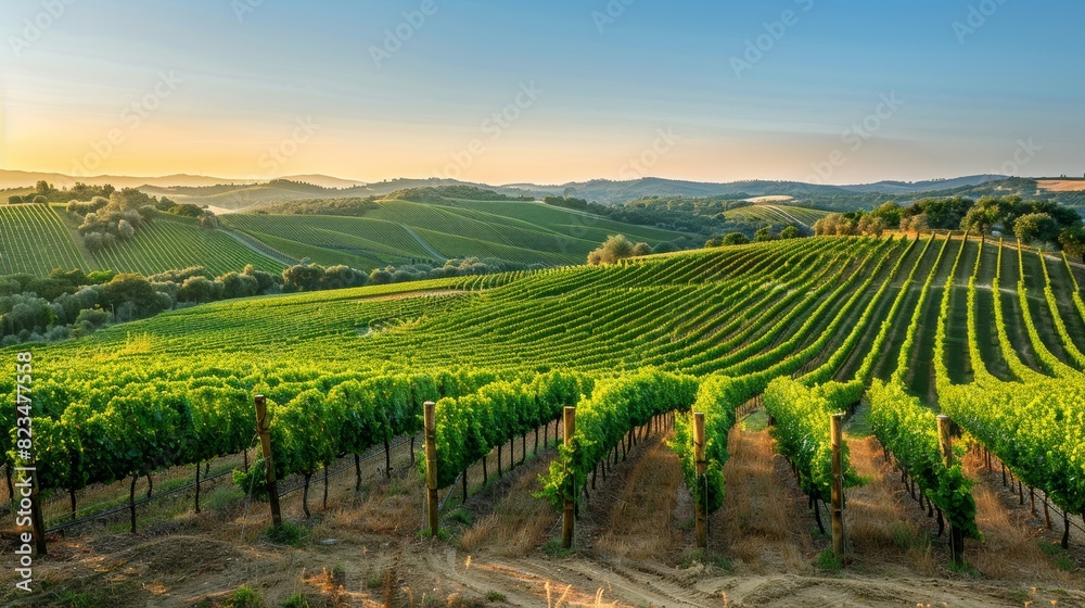 Picturesque vineyard in the countryside, with rows of grapevines stretching out towards the horizon under clear sky