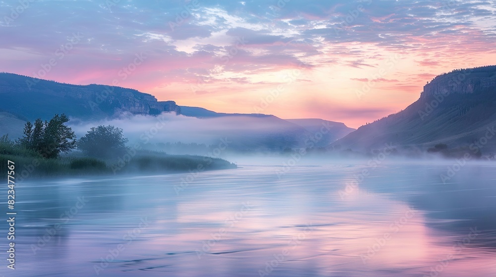 Serene beauty of a river valley at sunrise, with mist rising from the water and the sky painted in soft pastel colors. This high-resolution image is ideal for travel photography, nature calendars, and