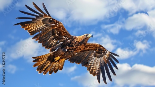 Majestic beauty of an eagle in flight  with its wings spread wide against a backdrop of blue skies. This high-resolution image is perfect for wildlife enthusiasts  birdwatching guides  and inspiration