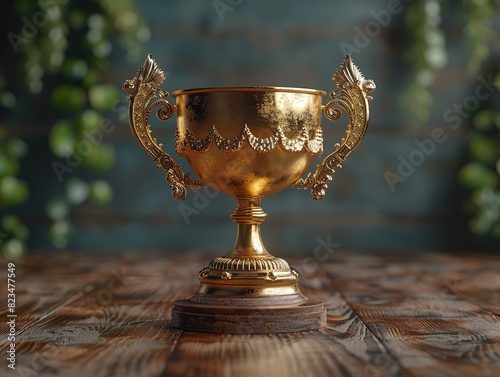 golden trophy on wood table 3d render illustration
