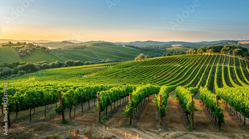 Picturesque vineyard in the countryside  with rows of grapevines stretching out towards the horizon under clear sky