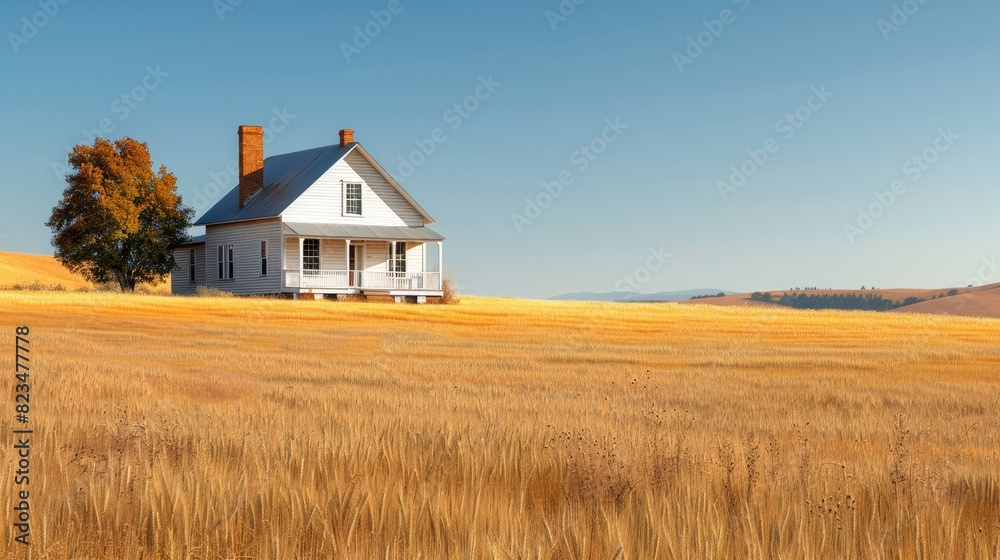 Rustic farmhouse surrounded by golden fields of wheat and a clear blue sky overhead Rustic farmhouse surrounded by golden fields of wheat and a clear blue sky overhead