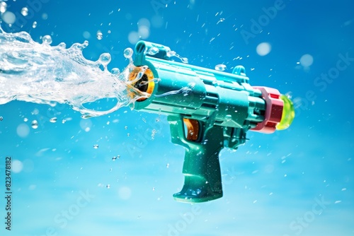 Water squirt from a vibrant toy gun with droplets suspended in air on a sunny day