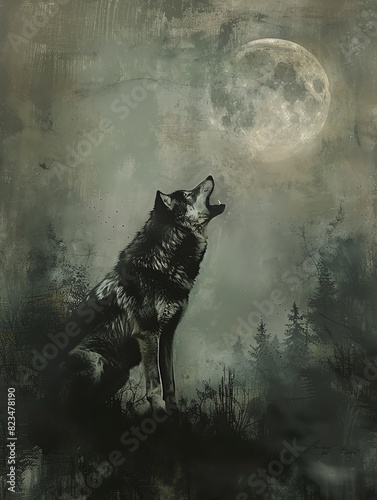 A lone wolf howls at the moon. The wolf is in the foreground, and the moon is in the background. The wolf is silhouetted against the moon. The image is dark and mysterious.