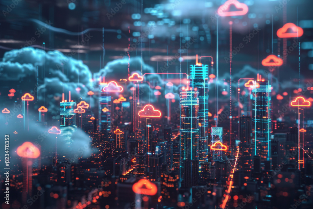 Fototapeta premium Abstract representation of a city's infrastructure with buildings morphing into cloud icons and data streams, illustrating the integration of cloud technology in urban development.