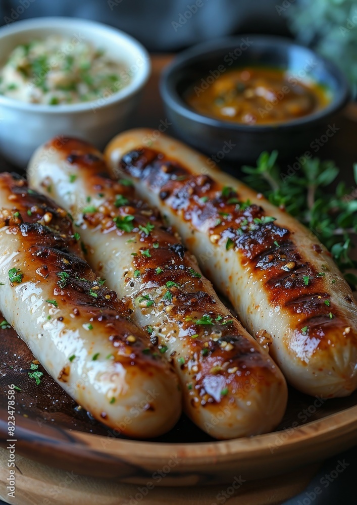 Weisswurst - White sausages with a side of pretzels and sweet mustard. Weisswurst - White sausages with a side of pretzels and sweet mustard.