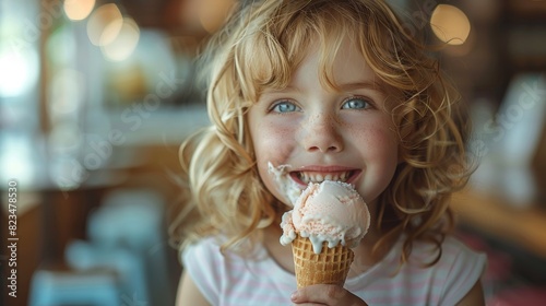 A happy blonde child enjoying a melting ice cream cone in a sunny environment