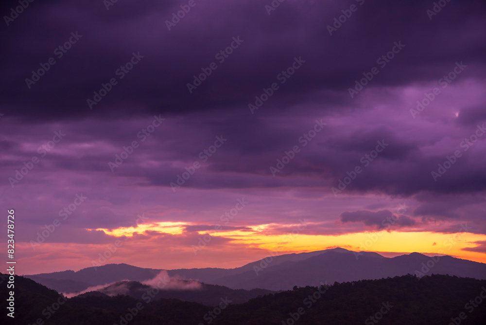 Violet purple sky in morning scenery Vibrant colorful blue sky summer time on sunrise. Natural beautiful landscape. Beauty purple sky romantic dramatic landscape cloudy outdoor paradise in sunset