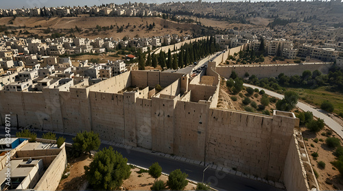 Drone flight view of east Jerusalem security wall divide between Israeli and Arab neighborhood Anata and pisgat zeev, israel
 ai genrative photo