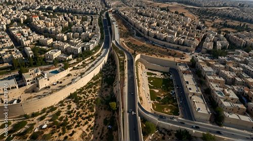 Drone flight view of east Jerusalem security wall divide between Israeli and Arab neighborhood Anata and pisgat zeev, israel
 ai genrative photo