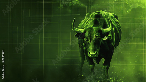 Green Bull with Financial Data Overlay