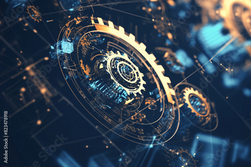 complex digital design featuring interlocking gears and technological patterns in blue and orange hues