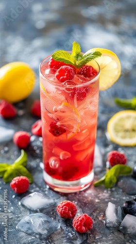 A glass of red raspberry lemonade with a slice of lemon on top