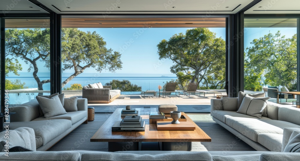 A modern living room with glass doors leading to an outdoor terrace overlooking the sea