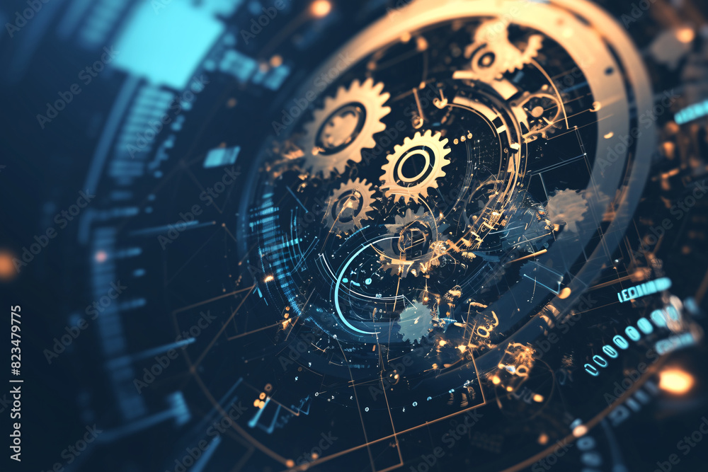 Detailed digital illustration of mechanical gears and circuits with a glowing effect