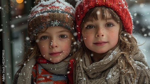 Close-up of two children in winter wear, with gentle snowflakes resting on their hair and lashes