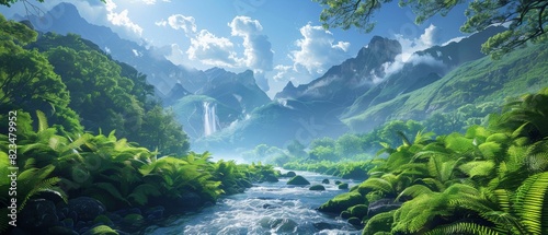 Serene mountain landscape with a river flowing through a lush valley © Purichaya