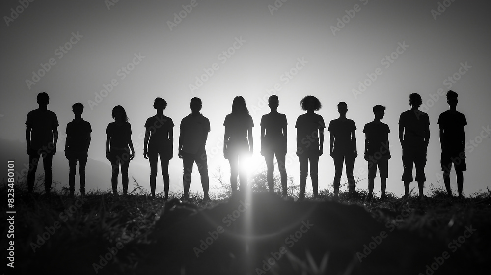Diverse Silhouettes Group of Casual People Standing in Row with Copy Space.