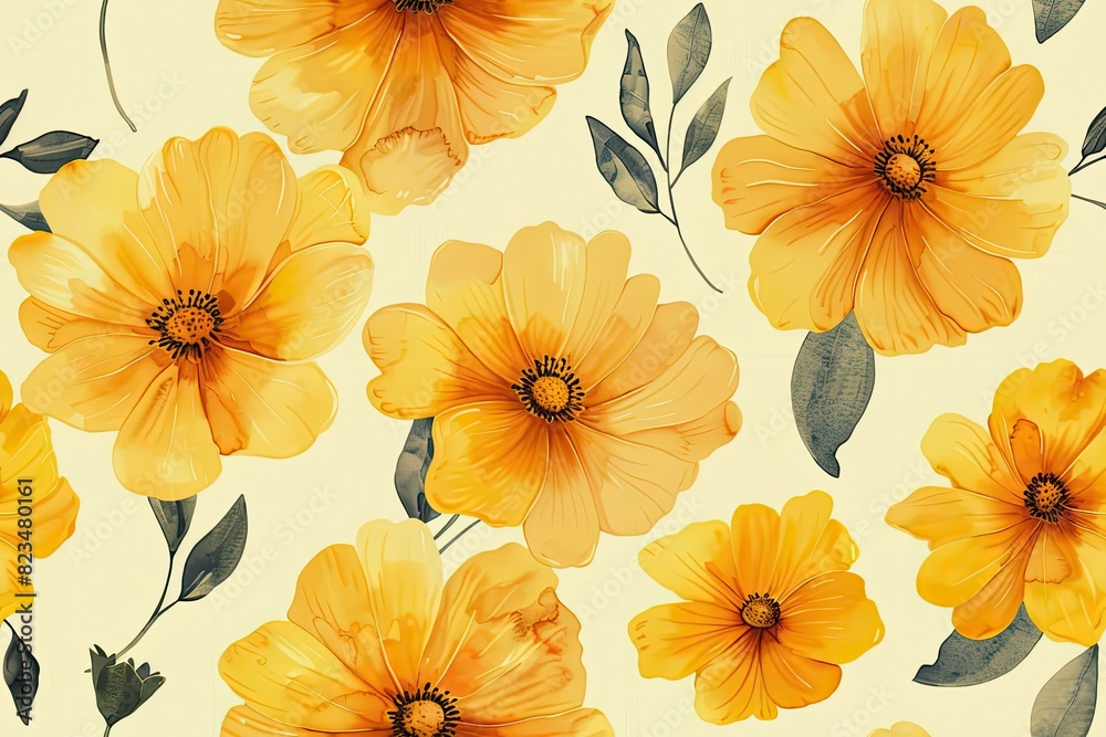 A painting of yellow flowers with green leaves. The flowers are arranged in a pattern and the background is a light yellow color A painting of yellow flowers with green leaves. The flowers are arranged in a pattern and the background is a light yellow color