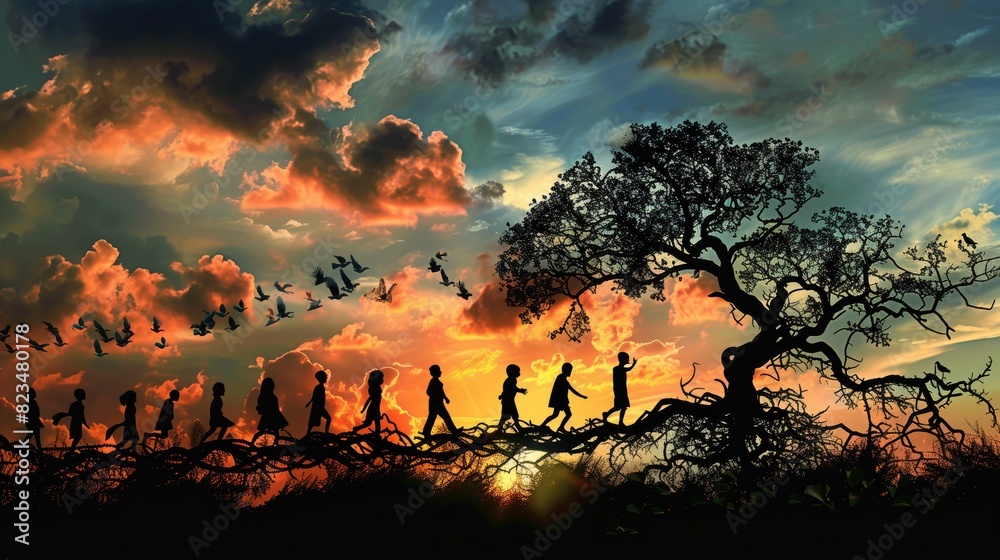 Fototapeta premium Self Development Concept: Journey of Silhouetted Figures Walking on Branches