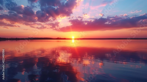 Serene sunset over a tranquil lake  with the sky painted in vibrant shades of orange  pink  and purple  reflecting on the still water