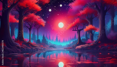 Sun trippy forest with red trees, full sun, dark purple sky, stars and lake reflecting the landscape; a fantastic place for meditation,nuit, lune, ciel, paysage, arbre, star, star, nature, foncé,  photo