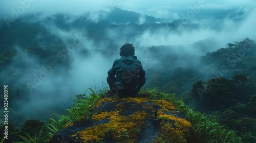 A person sits alone, witnessing the serene and mysterious mist enveloping the lush forest landscape photo