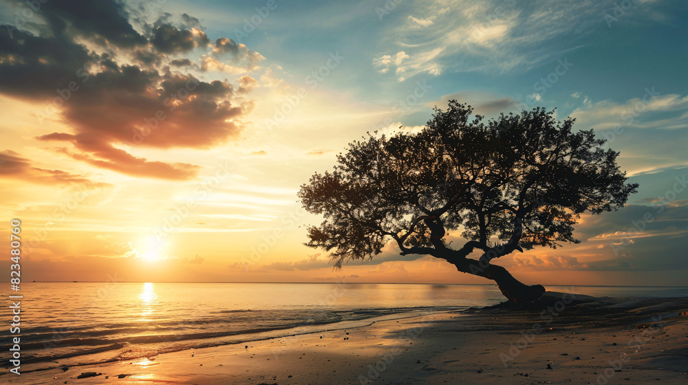 Serene sunset beach tree. Tranquil scene with a lone tree silhouetted against a vibrant sunset over a tropical beach. Serene sunset beach tree. Tranquil scene with a lone tree silhouetted against a vibrant sunset over a tropical beach.