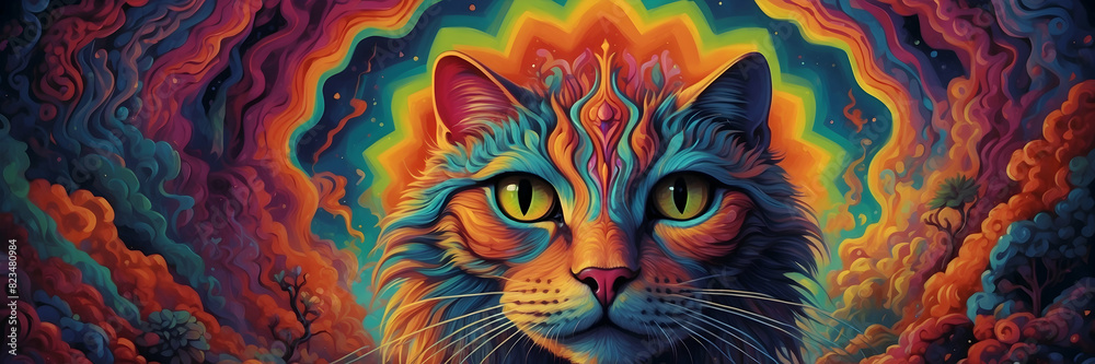 The image displays a surreal cat with intricate, psychedelic patterns and vibrant colors