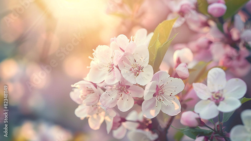 Spring flowers in sunlight. Soft pink spring blossom bathed in golden sunlight, perfect for nature and seasonal designs.