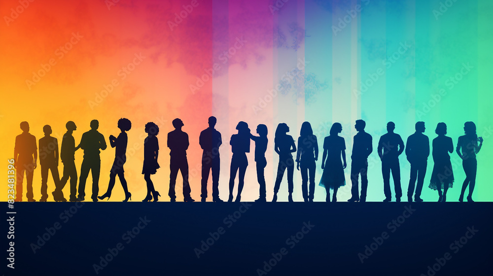 Unity in Silhouettes: Diverse Group of Casual People Standing in a Row Silhouetted Against a Bright Background