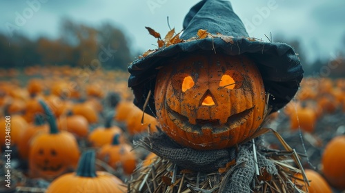 A festive Halloween image featuring a carved pumpkin with a glowing face, wearing a witch's hat among many pumpkins photo