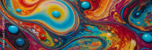 Abstract psychedelic swirls with floating blue spheres embedded in a colorful mixture