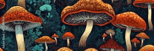 An intricate illustration of various mushrooms with a strong vintage vibe and deep, natural colors photo