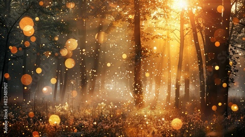 Mysterious foggy forest with golden bokeh lights © aaron