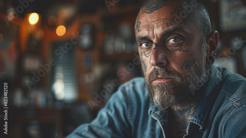A man with tattoos in a tattoo parlor, dark stylish fashion photo of a tattoo artist. generative ai photo
