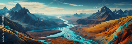 An expansive digital painting of a fantasy mountainous terrain with a winding river and striking colors photo