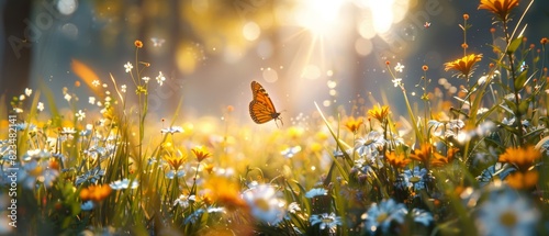 Sunny meadow with wildflowers in bloom, butterflies fluttering, and a gentle breeze blowing photo