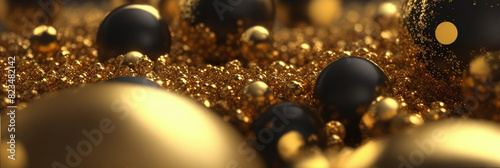 3D abstract banner, with golden ball spheres, celebration, confetti and bokeh effect, black background photo