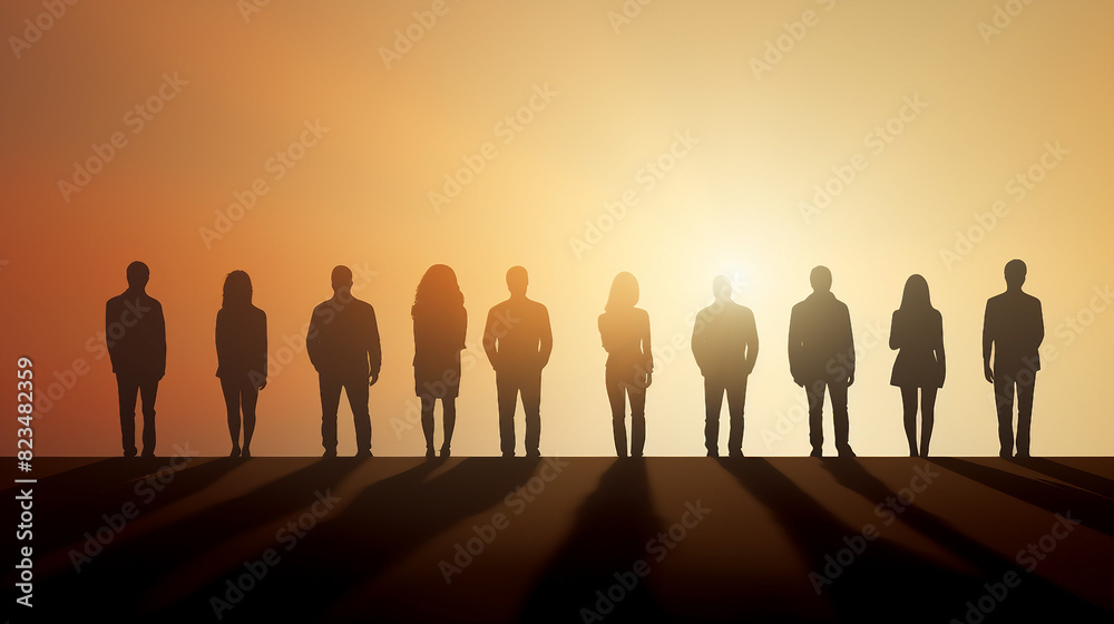 Unity in Diversity - Silhouettes of Diverse Group of Casual People Standing in a Row Against Sunset Sky.