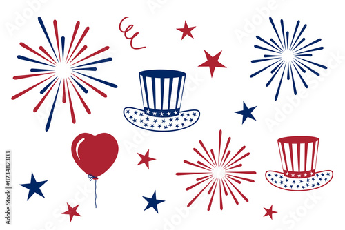 Set of vector illustrations: Uncle Sam's Hat, festive balloons, firework, stars and Stripes. Patriotic American Symbol for Independence Day
