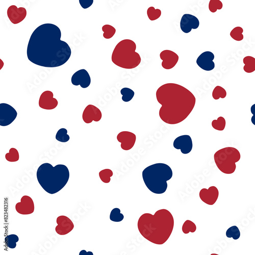 Patriotic seamless background with hearts in national flag colors for USA holidays. American National Symbol